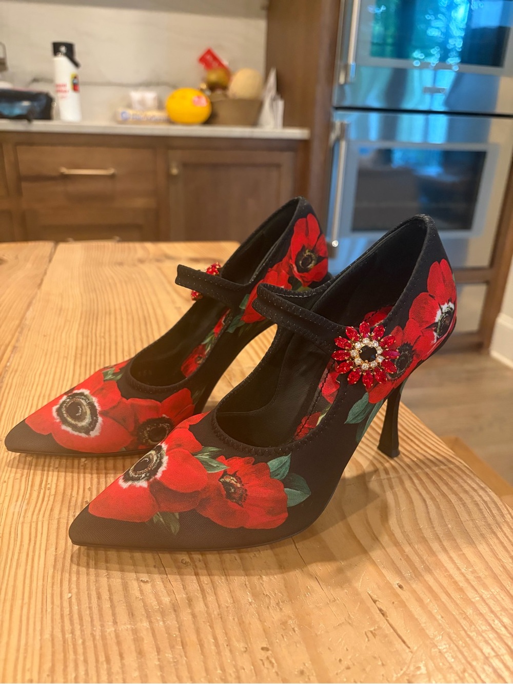 Dolce & Gabbana Black and Red Floral Mary Jane Stiletto Heels with Jewel Accent